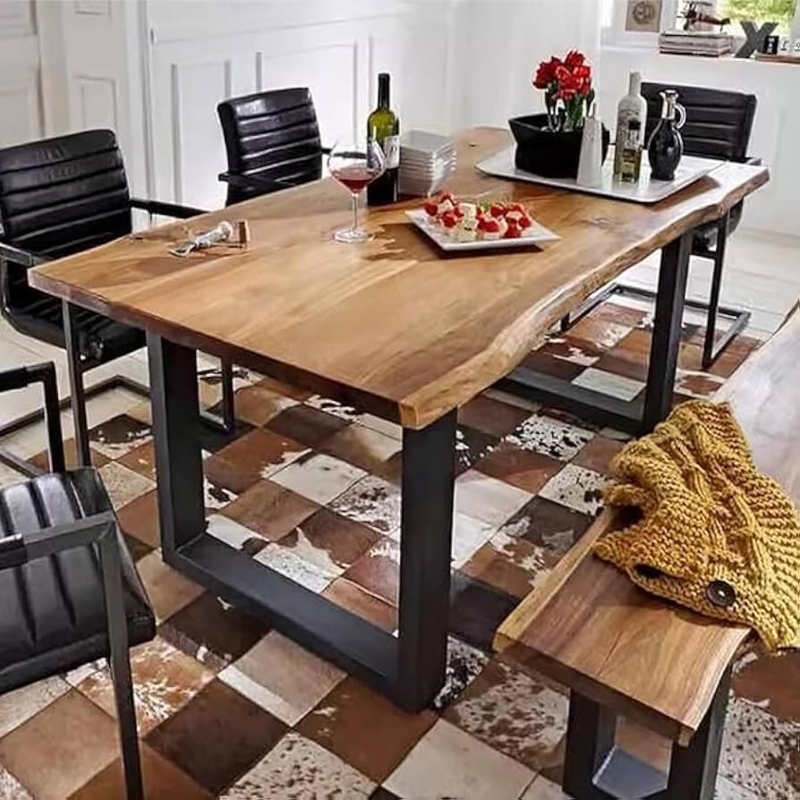 Dining Table Rustic Farmhouse Live Edge Wood Metal Base
