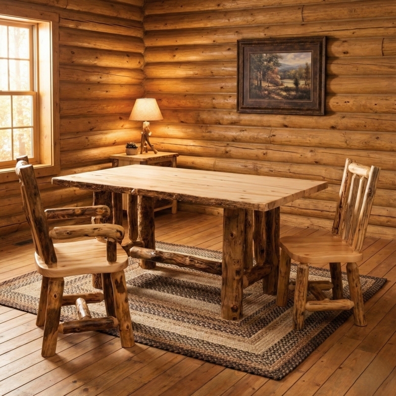 Dining Table Rustic Log Trestle Base Amish Thick Plank Top