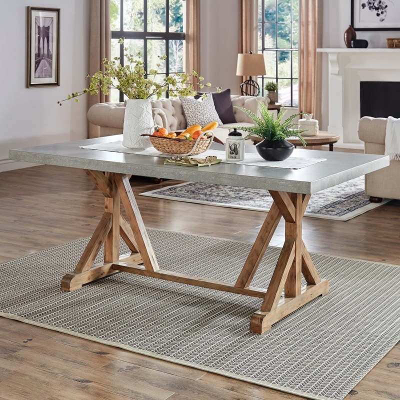 Dining Table Rustic Trestle Base Concrete Top Thick Slab