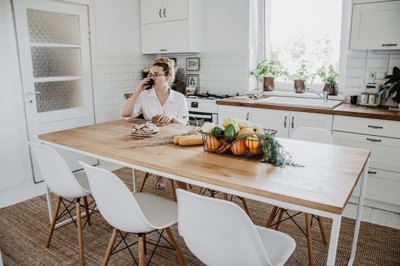 Dining Table Scandinavian Rectangular Wood Top U-Shaped Black Legs