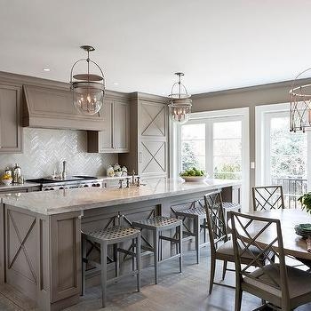 Dining Table Scene Transitional Kitchen Taupe Cabinets Woven Lights
