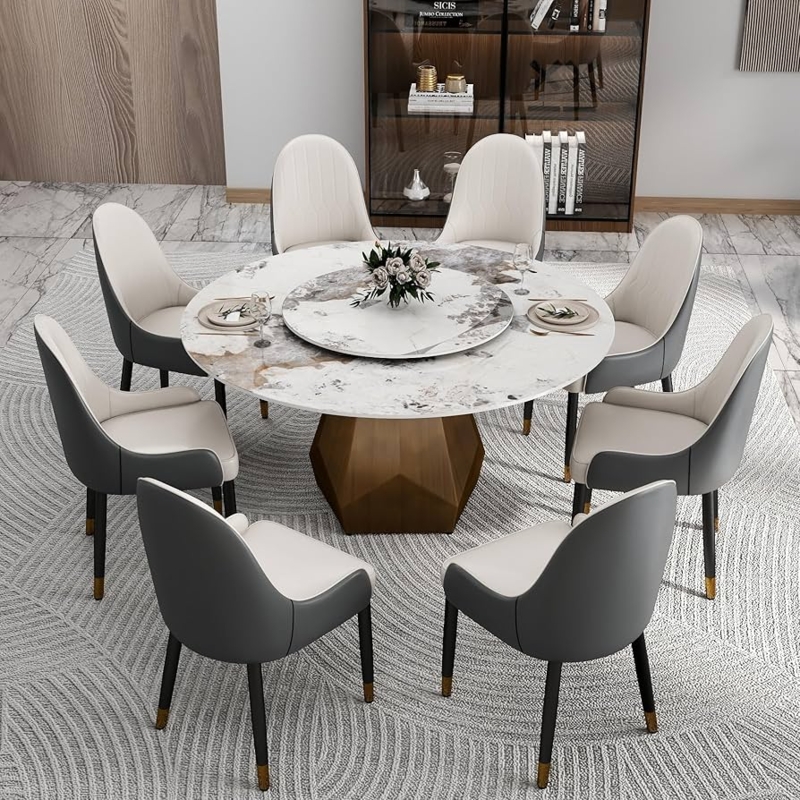 Dining Table Sculptural Round White Marble Look Metal Base