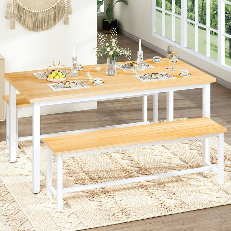 Dining Table Set 3-Piece Black Metal X-Frame Bench Seating Industrial