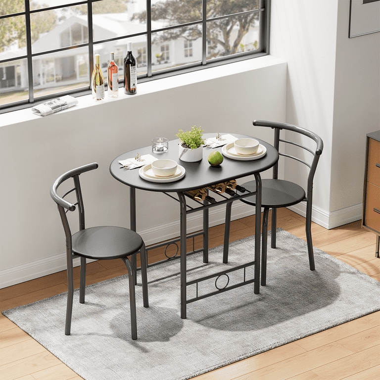 Dining Table Set 3 Piece Rectangular Top Dark Toned Minimalist Stools