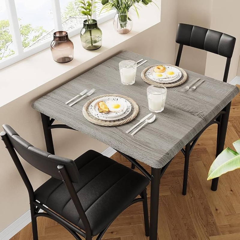 Dining Table Set 3 Piece Square Industrial Grey Chairs