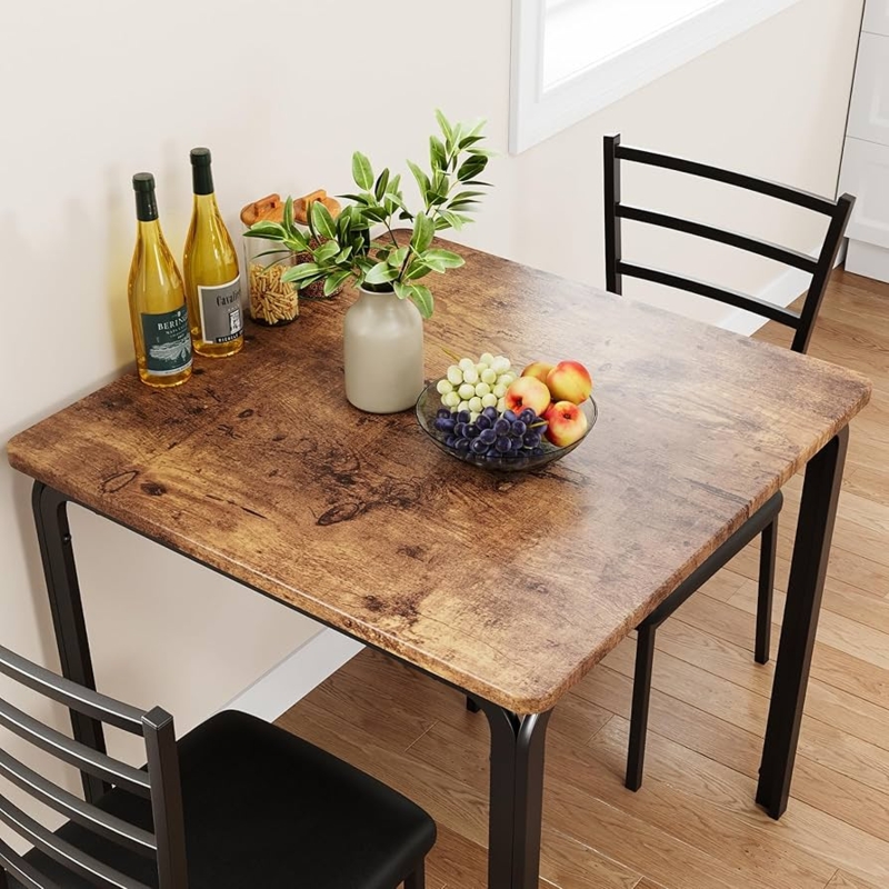 Dining Table Set 3 Piece Wood Black Metal Slatted Back Industrial