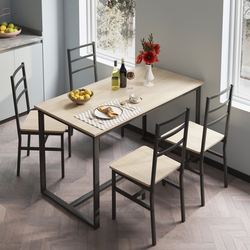 Dining Table Set 5-Piece Arched Chair Back Black Metal Frame Beige Top