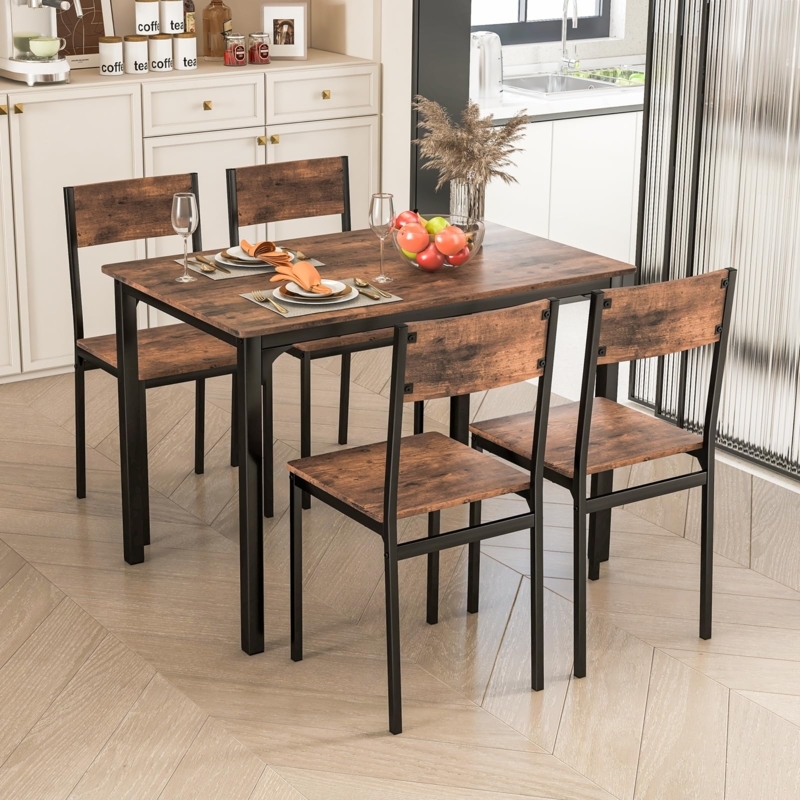Dining Table Set 5-Piece Industrial Slat Back Chairs For Small Spaces
