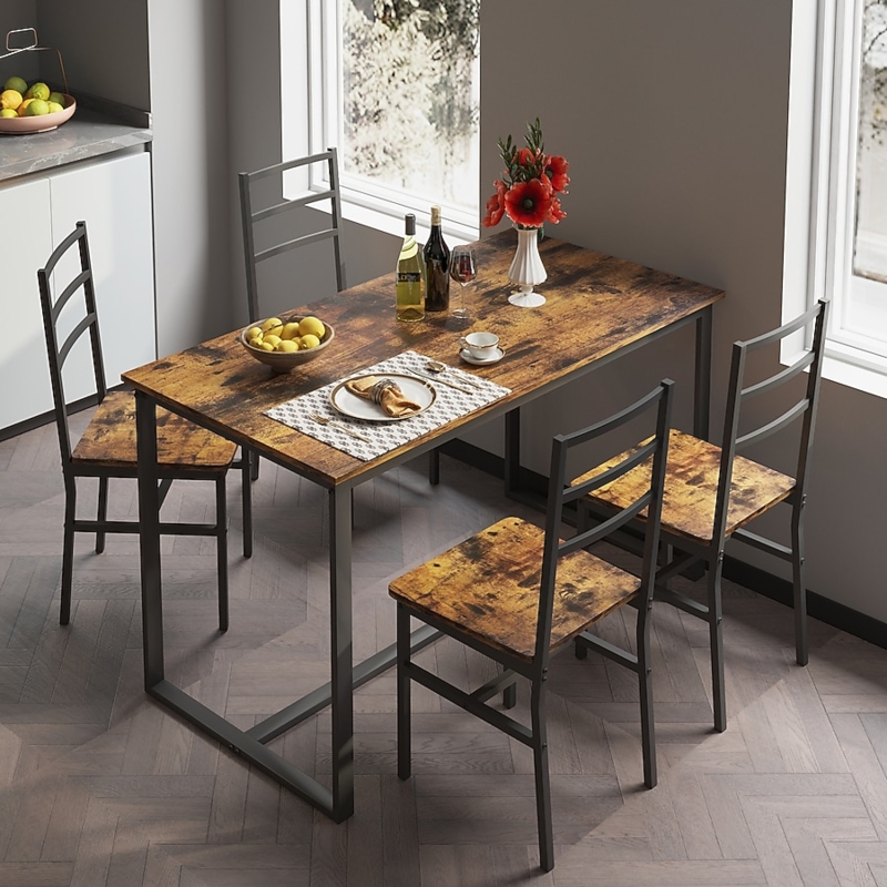 Dining Table Set 5-Piece, Mid-Century Wood with Slatted Back Chairs, Beige Seats