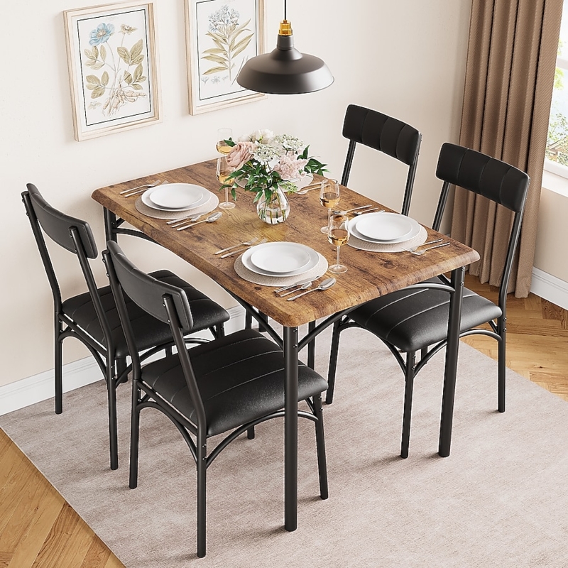 Dining Table Set 5-Piece Rustic Brown Industrial Slat Back Chairs