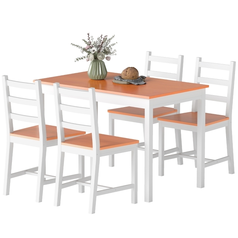 Dining Table Set 5-Piece Two-Tone White Natural Wood Slat Back Farmhouse