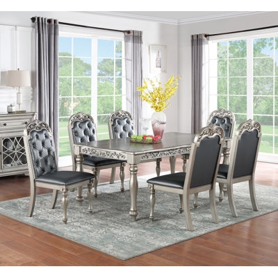 Dining Table Set 6 Person Silver Legs Charcoal Stone Like Top