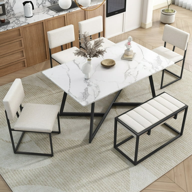 Dining Table Set 6-Piece Faux Marble Top Black Metal Frame Grey Bench