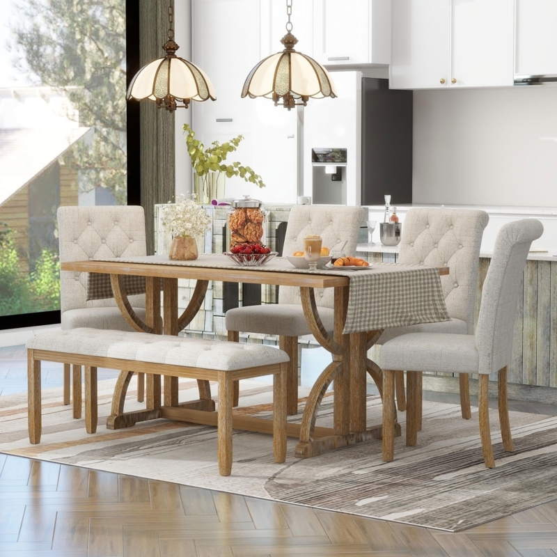 Dining Table Set 6-Piece Natural Wood with Gray Upholstered Bench