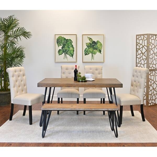 Dining Table Set 6-Piece Two-Tone Ladder Back Chairs Bench