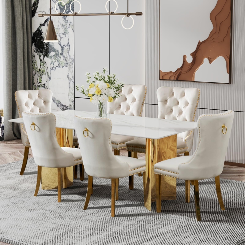 Dining Table Set 7-Piece Gold U-Shaped Base White Faux Marble Velvet