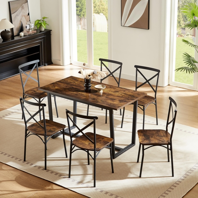 Dining Table Set 7 Piece Industrial Ladder Back Metal Frame Wood Toned