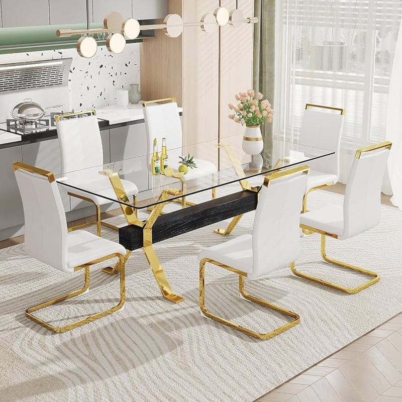 Dining Table Set 7 Piece Modern Glass Top with Black Pedestal Base