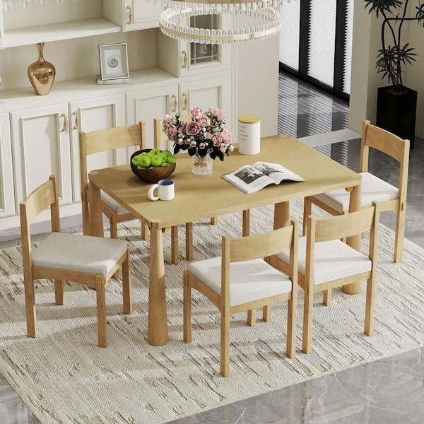 Dining Table Set 7-Piece Natural Wood Wash Ladder Back Round