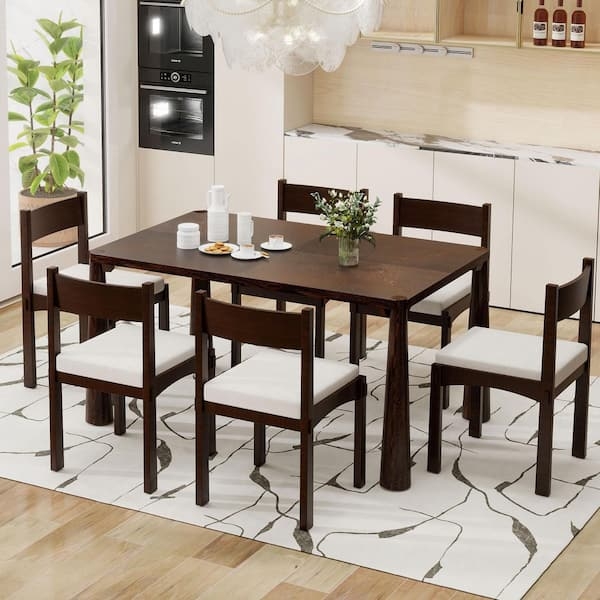 Dining Table Set 7-Piece Retro Rectangular Top Espresso Wood Finish
