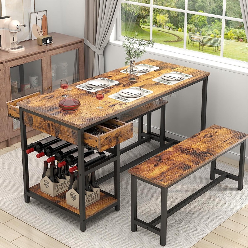 Dining Table Set, Backless Benches, Dark Wood & Metal Frame