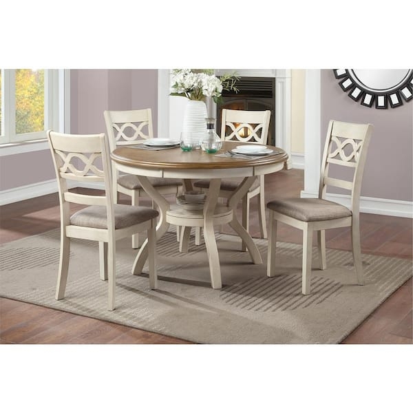Dining Table Set Bisque and Brown Ladder Back Round Top Pedestal Set