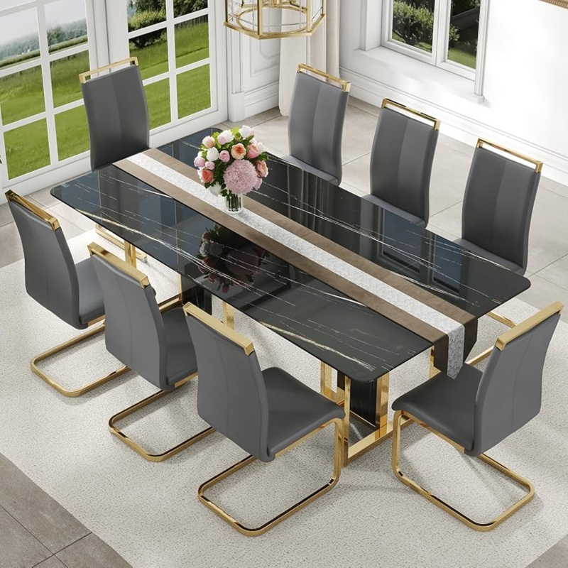 Dining Table Set Black Marble Top Gold Legs Thick Edge Glam