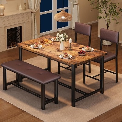 Dining Table Set Black Metal Legs Bench Natural Wood Modern Industrial