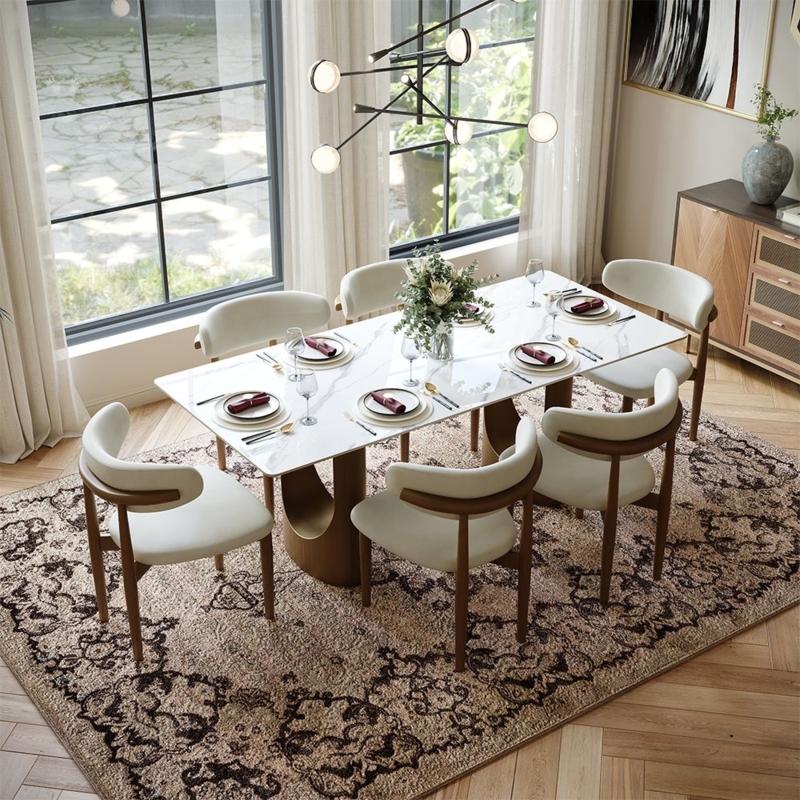 Dining Table Set: Bronze Slatted Base with Sculptural Open Back Chairs.