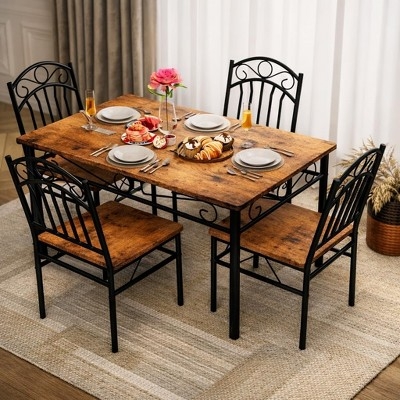 Dining Table Set Burnt Wood Color Minimalist Silhouette 5 Piece Iron Frame