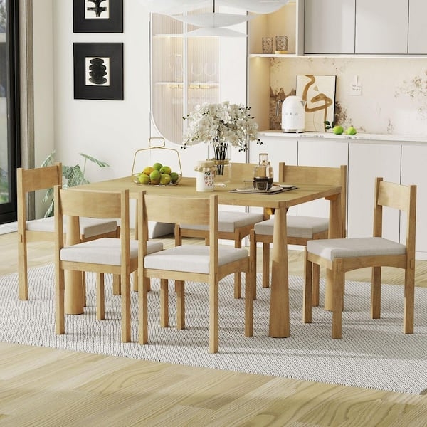 Dining Table Set Button Tufted Back Natural Wood Wash Modern Farmhouse