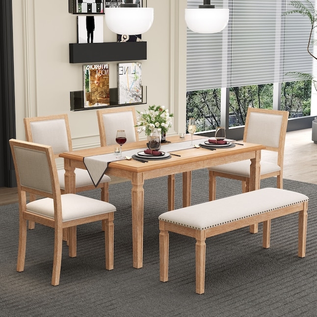 Dining Table Set Carved Legs Matching Bench Distressed Wood Wash