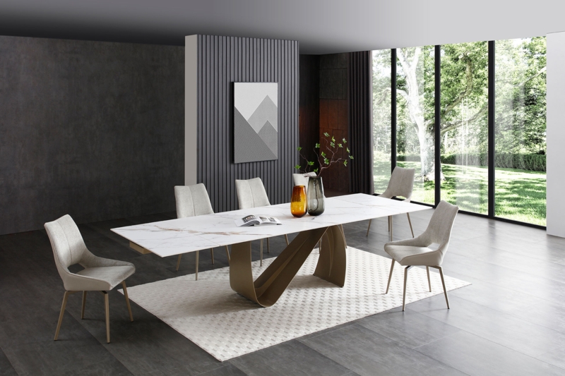 Dining Table Set Champagne Bronze Swivel Tufted Chairs Glam Stone Top