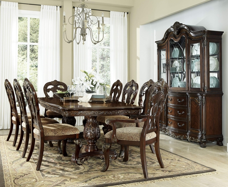 Dining Table Set Cherry Finish Ornate Carvings Traditional Double Pedestal