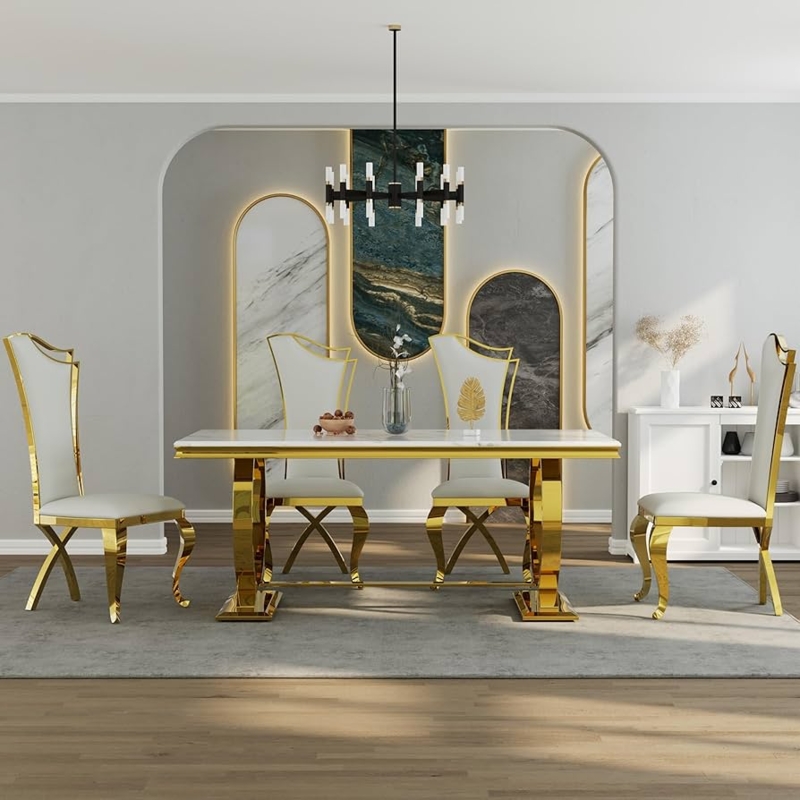Dining Table Set Circular Gold Base Marble Look Top