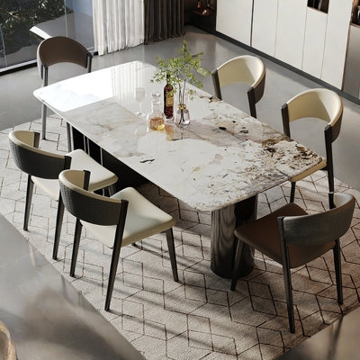 Dining Table Set Circular Stone-Like Top, Faceted Pedestal, Gold Legs