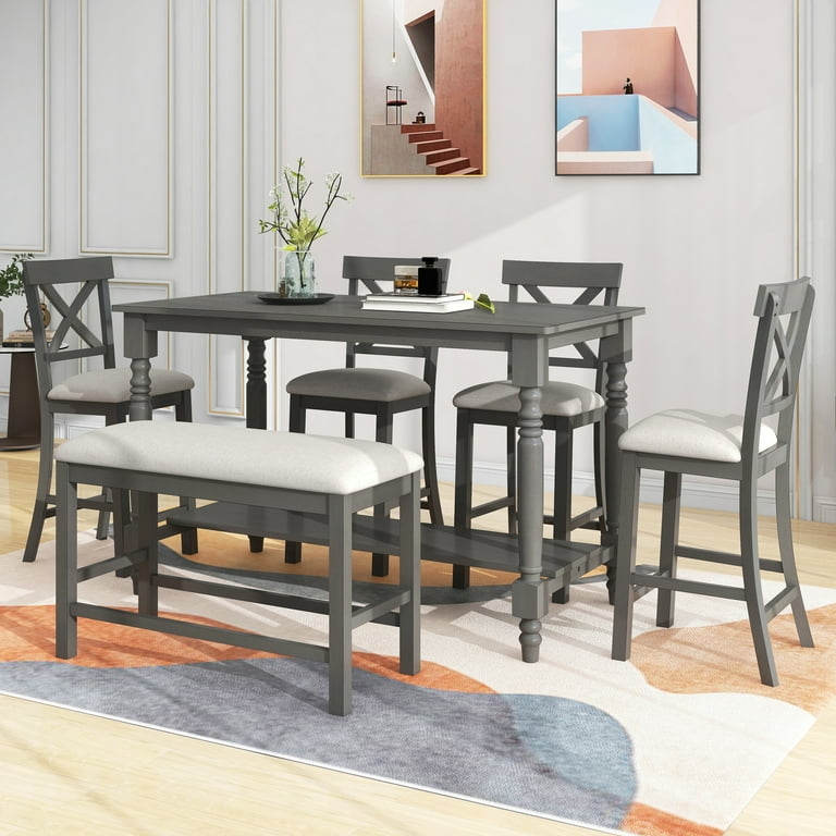Dining Table Set Counter Height Farmhouse Dark Brown with Bench