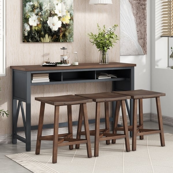 Dining Table Set Counter Height Side Shelving Saddle Stools Two-Tone