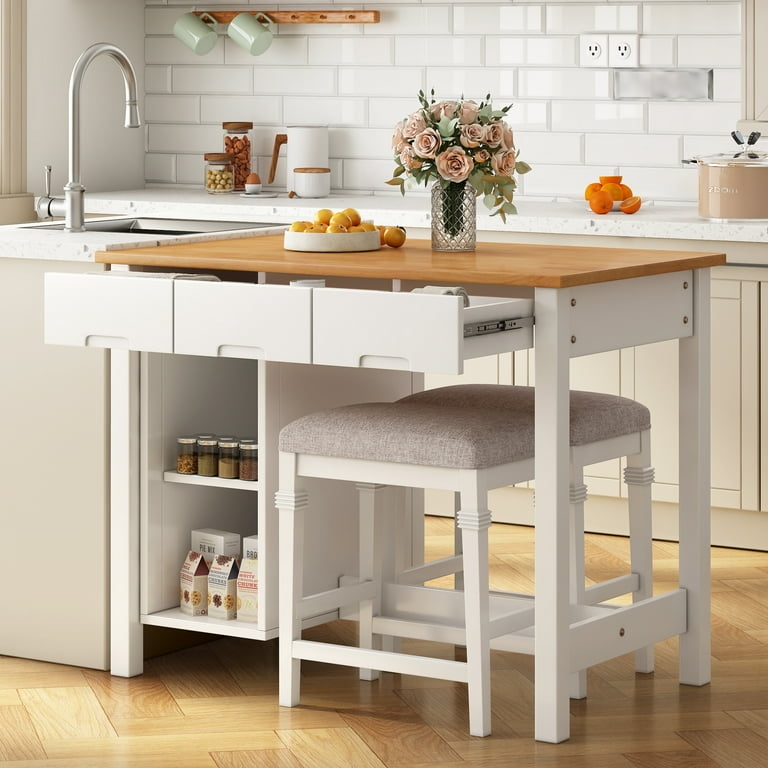 Dining Table Set Counter Height Two-Tone White Brown Space Saving