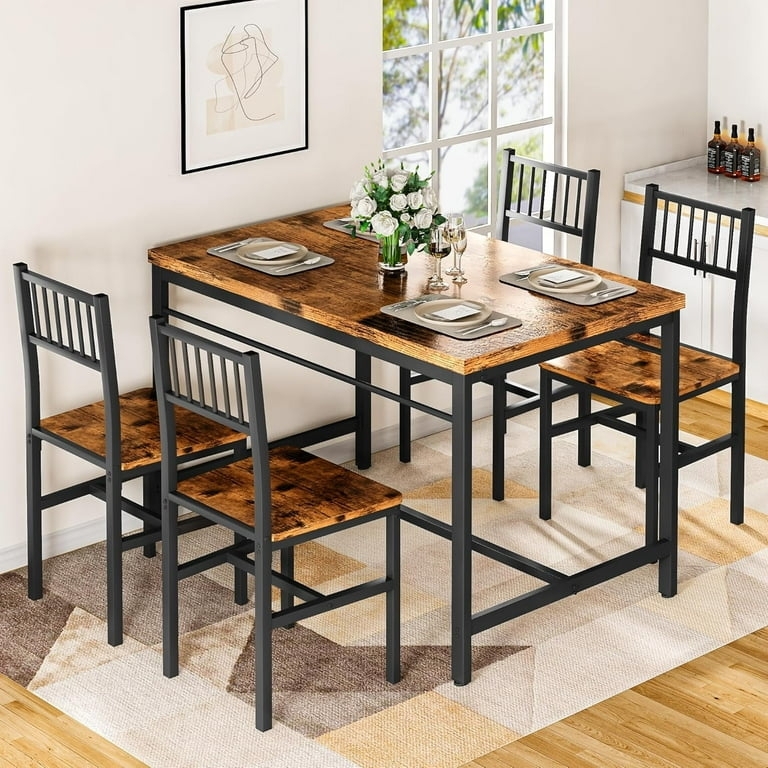 Dining Table Set Curved Back Chairs Vintage Brown Finish Industrial