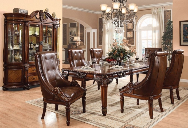 Dining Table Set Damask Pattern Upholstery Double Pedestal Ornate