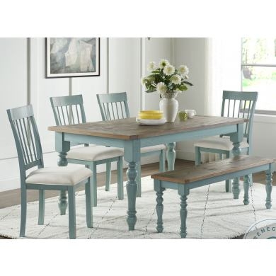 Dining Table Set Distressed Blue Finish with Bench and X-Back Chairs