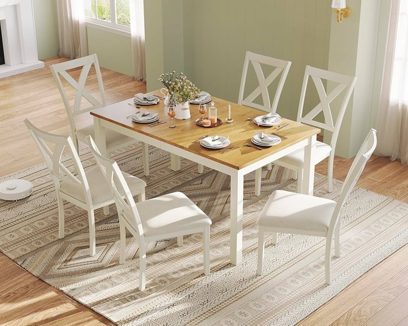 Dining Table Set Distressed Cream Finish Ladder Back Silhouette