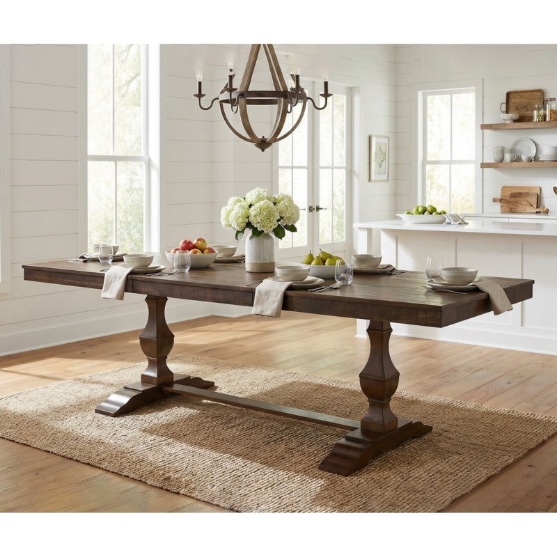 Dining Table Set Double Pedestal Base Tufted Upholstery Cream Chairs