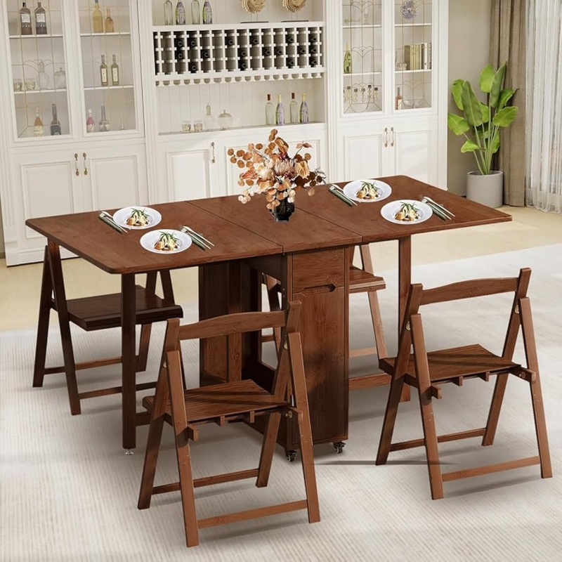 Dining Table Set Drop Leaf Folding Wood Toned Storage Shelves
