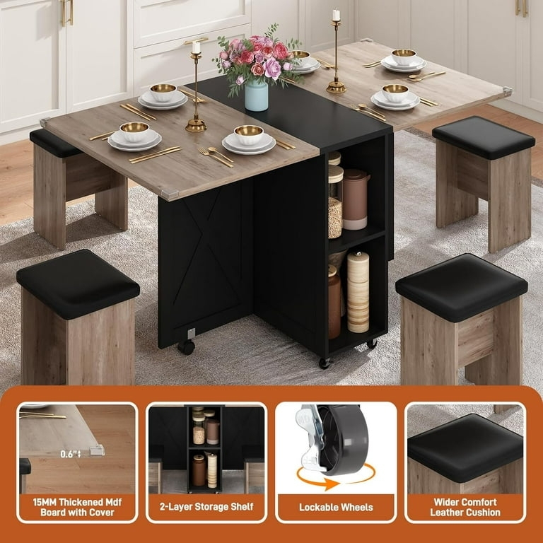 Dining Table Set Drop Leaf Under Table Storage Wheels Casters White