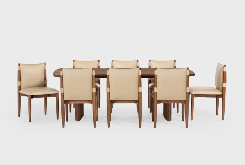 Dining Table Set Eight Person Capacity, Upholstered Seats, Mango Wood Look