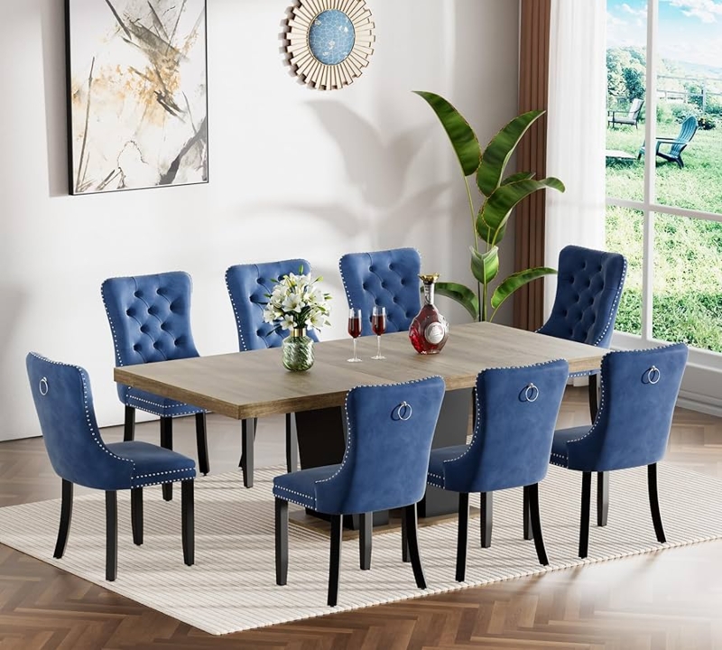 Dining Table Set Elegant Blue Velvet Tufted Back Wood Toned Finish