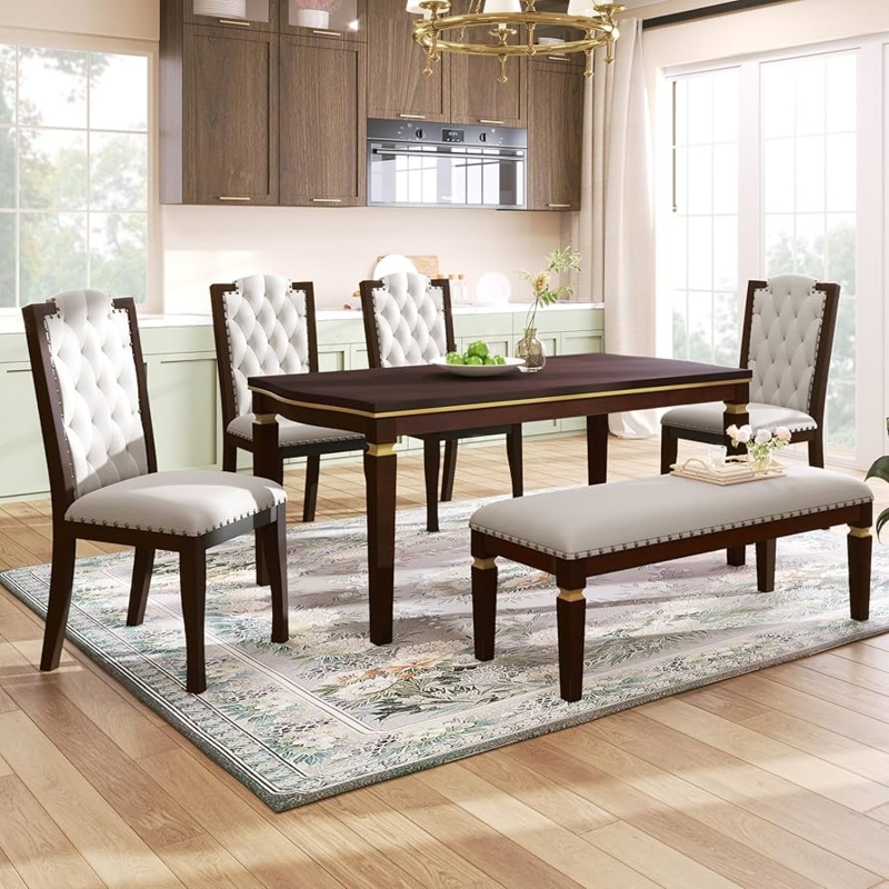 Dining Table Set Espresso Finish Button Tufted Bench Seating