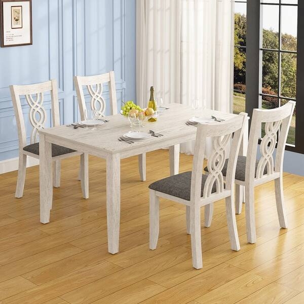 Dining Table Set Espresso Finish Dark Wood Cream Upholstered Chairs